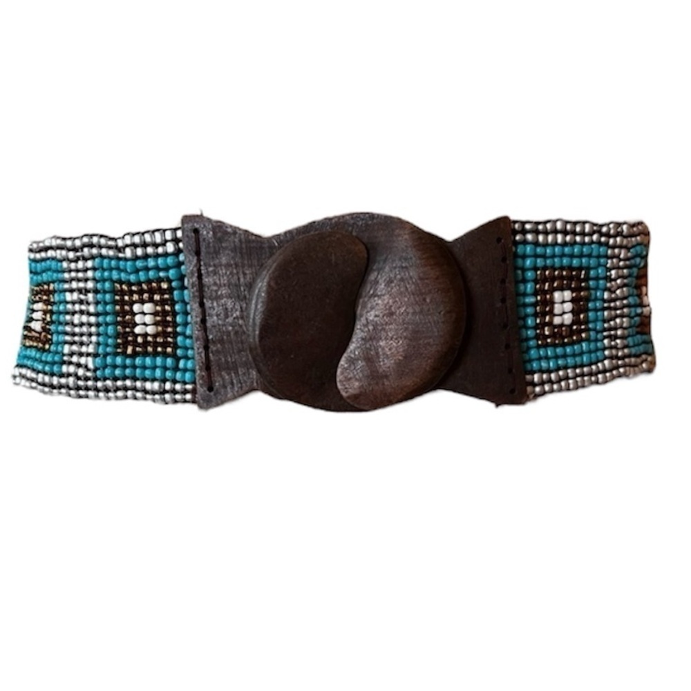 Vintage Beaded Stretch Belt Turquoise Wood Hook Western Boho 26”-34”